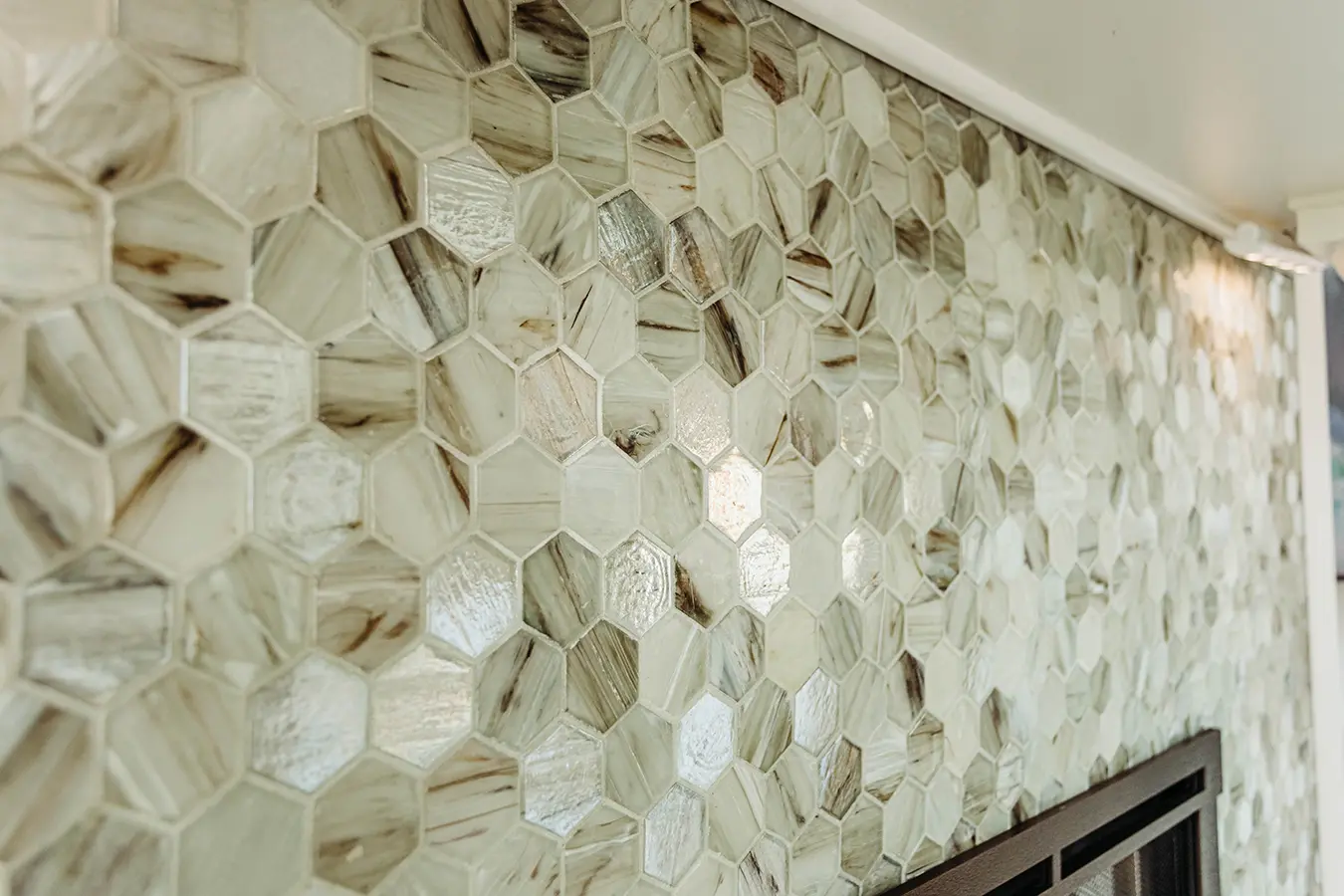 close-up of hexagon fireplace tile design