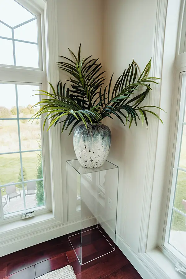 plant in a blue and white vase on acrylic stand