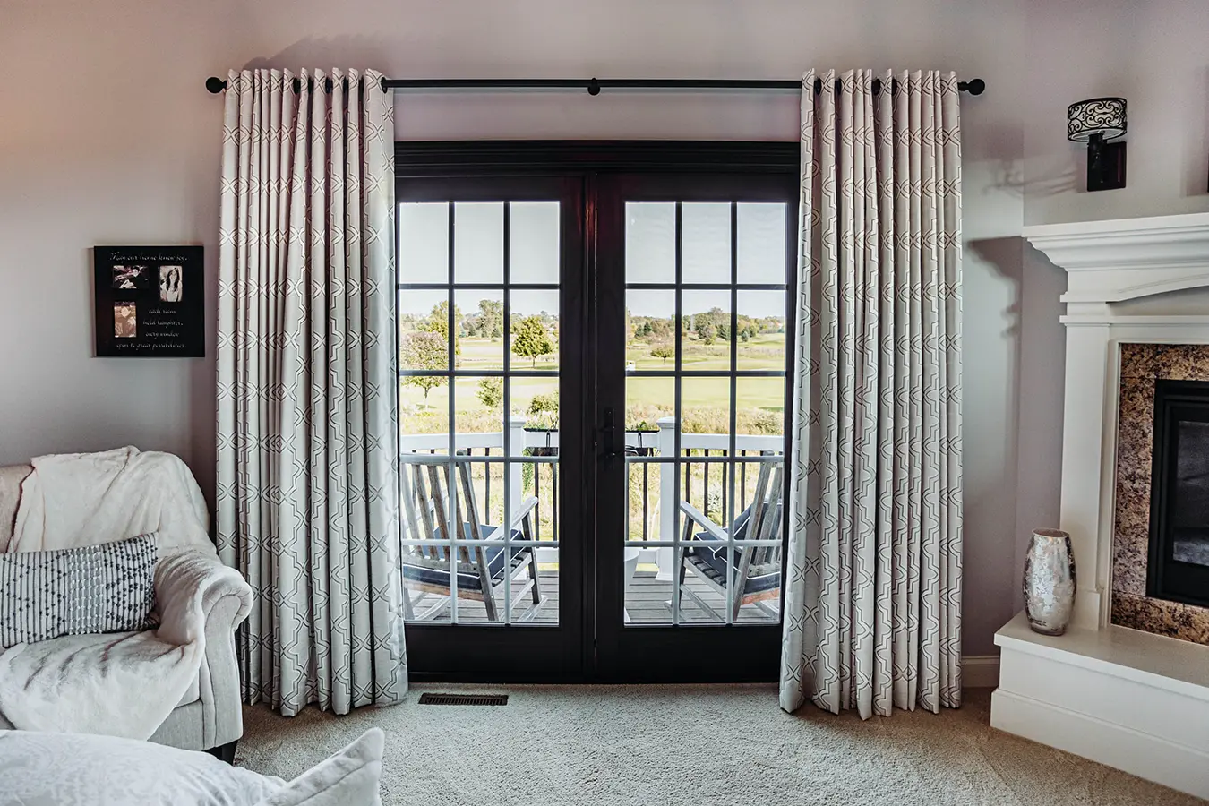 french doors bedroom with open beige curtains